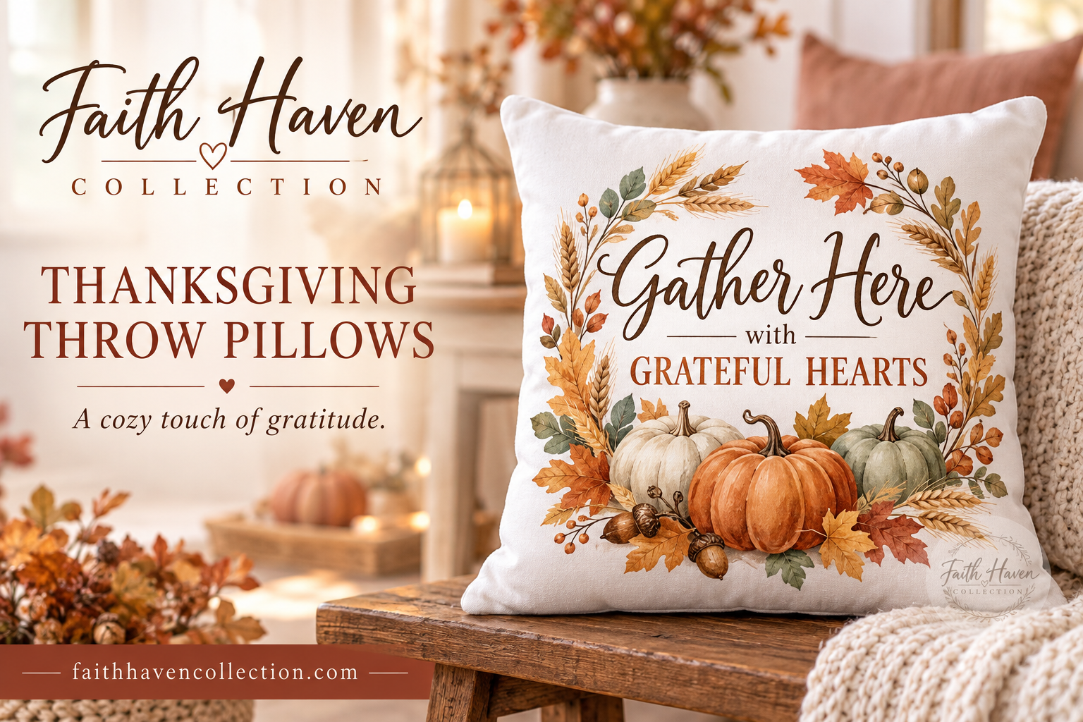 Gather Here with Grateful Hearts Throw Pillow